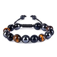 สร้อยข้อมือแฮนด์เมดสีดำ Obsidian Tiger Eye Magnetic Hematite สร้อยข้อมือบำบัดธรรมชาติสำหรับการป้องกันและความสมดุล