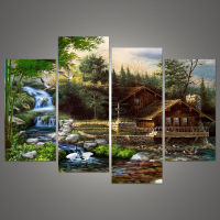 Painting Frame Art House Printed Poster Canvas Wall Modular Picture 4 PiecesSet Waterfall Landscape Wedding Home Decoration