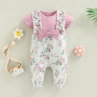 เด็กทารก Jumpsuit Bowknot รอบคอแขนสั้น Ribbed Patchwork Jacquard ดอกไม้พิมพ์ยาว Romper Clothes