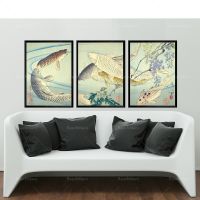 Luyameishop Fish Triptych Vintage Japanese Koi Fish Print - Japanese Koi Fish Wall โปสเตอร์และภาพวาดปลาโบราณสำหรับตกแต่งห้องครัว G