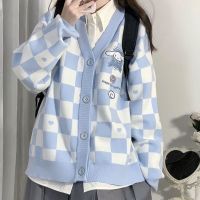 2023 Women 39;s Cardigan Sweater Y2k Knitted Card Cute Cartoon Embroidery Japanese Jk Uniform Checkerboard Spring and Autumn Coat