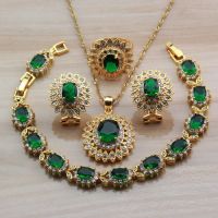 Dubai Yellow Gold Color Jewelry Sets For Women Fashion Accessories Green Cubic Zircon Big Flower Sets