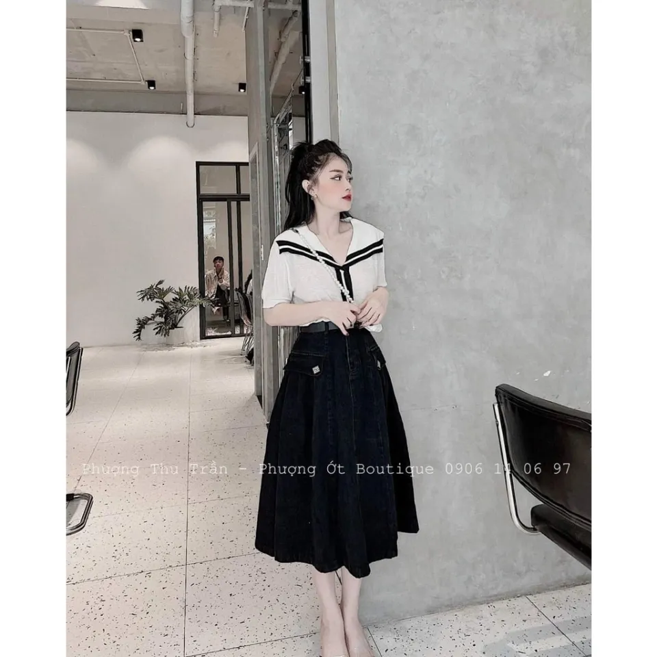 CV222 : Chân váy Jean midi xòe cạp chun sau - yishop.com.vn