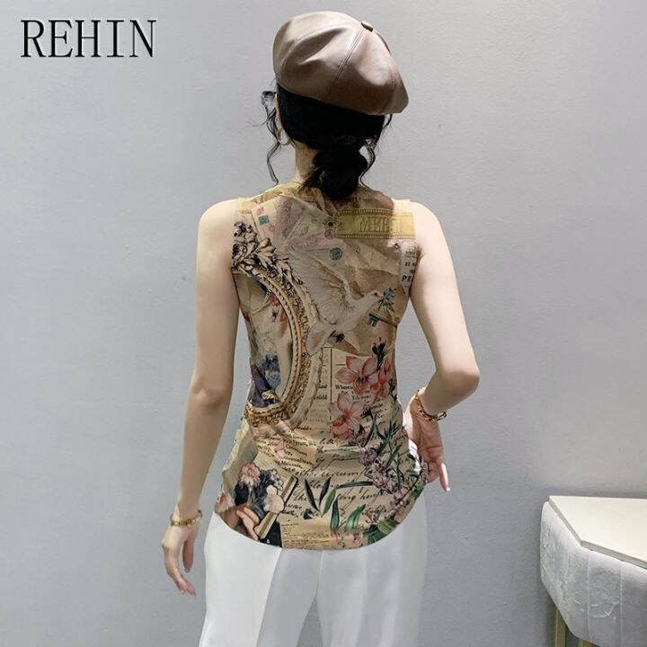 rehin-เสื้อยืดเสื้อกั๊กถักแขนกุดผู้หญิงที่มีผ้าระบายอากาศเป็นมิตรกับผิวและท็อปส์ซูรูปแบบการพิมพ์ที่ไม่ซ้ำกันสำหรับถังฤดูร้อนแฟชั่น