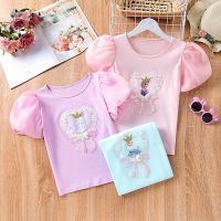 Girls T-shirt Short Sleeve Top Kids Round Neck Girl Half Sleeve Pure Cotton  Foreigner Bubble Sleeve Fashion Baby Clothes