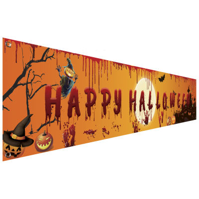 【cw】Happy Halloween Banner 250cm Long Hanging Banner with Scary Pumpkin Bloody Hand Footprint Bats for Yard Halloween Party Decor