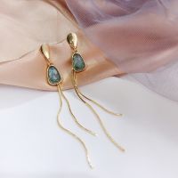 Korean Fashion Green Crystal Long Tassel Earrings for Women Gold Color Alloy Chain Drop Dangle Earring Party Luxury Jewelry Gift