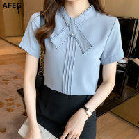 AFEG Korean style womens short-sleeved pure color elegant temperament OL blouse for women