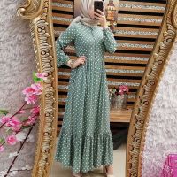 New fashion Muslim jubah round neck long Kaftan dresses Polka Dot Abaya Ruffle high waist long-sleeve Islamic dress