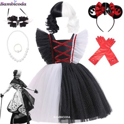 Halloween Children Cruella Cosplay Costume Dress Party Girls Black White Long Dress Carnival Kids Cruella Wig Lace Mask Glove