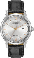 Citizen Mens Eco-Drive Corso Classic Watch in Stainless Steel with Black Leather Strap, silver Dial (Model: AW1236-03A)