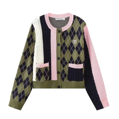 ZARAˉ ZA European And American Autumn New Retro College Style Color-Blocked Rhombus Sweater Knitted Cardigan Jacket For Women UWU930018