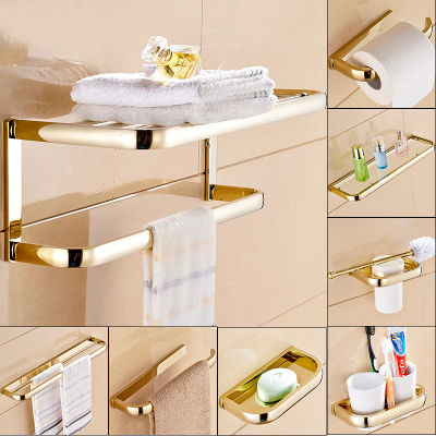 Gold Polished Brass Square Bathroom Hardware Towel Shelf Towel Bar Paper Holder Cloth Hook Bathroom Accessory Kxz014