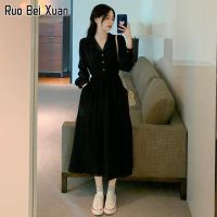 RUO BEI XAUN ชุดเดรสผู้หญิง 2023 ใหม่ สไตล์เกาหลี เอวสลิม ย้อนยุค เดรสคอวีแขนยาวสีดำ