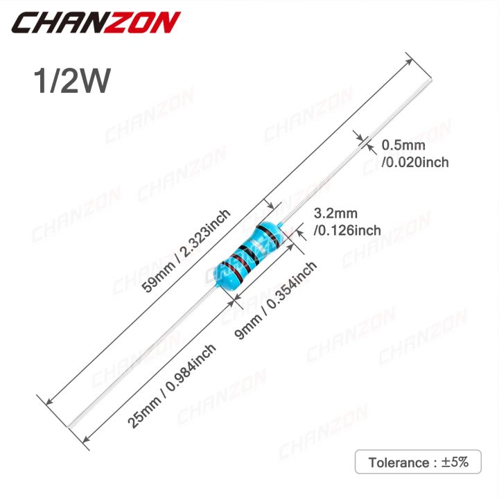 100-pcs-1-2w-1-metal-film-resistors-1ohm-1m-ohm-1-2-watt-0-5-w-high-precision-mf-fixed-resistance-1k-10k-47k-100k-4r7-2k2-2r2