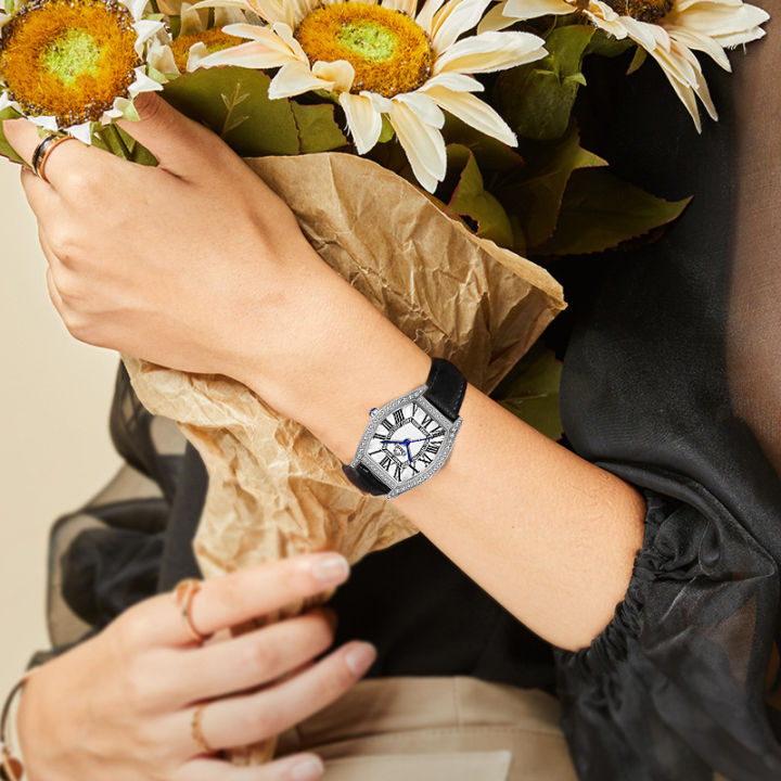 นาฬิกาข้อมือเข็มขัดหนังควอตซ์ระดับไฮเอนด์และประณีตนาฬิกาผู้หญิงเพชรเต็มช่อง