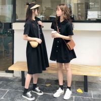 ❄ Summer Korean retro loose short sleeve dress knee length dress French doll neck mid long skirt A-line skirt fashion