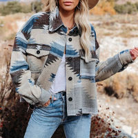 Retro Ethnic Vintage Jacket Women Splicing Loose Jacket Denim Print Aztec Long Sleeved Shirt Streetwear Female Goth Wool Coat