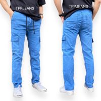 TPPJEANS Light Blue Cargo Denim กางเกงยีนส์คาร์โก้สีบลูฟอกซีด ทรงกระบอก เอวยางมีเชือก เป้าซิป ผ้ายืด ใส่สบาย มีกระเป๋าข้าง กระเป๋าลึก Size 28-36