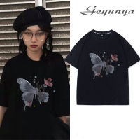 geyunya แฟชั่นผู้หญิงแขนสั้นผ้าฝ้าย100% ดอกไม้ผีเสื้อที่สวยงามเสื้อยืดพิมพ์ภาพ