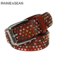 {EDDLYT} RAINIE SEAN เข็มขัดหนังแท้ผู้ชาย Rivet Pin Buckle เข็มขัดสีน้ำตาลอิตาเลี่ยนของแท้หนัง Cowhide Diamond คุณภาพสูงเข็มขัดชาย