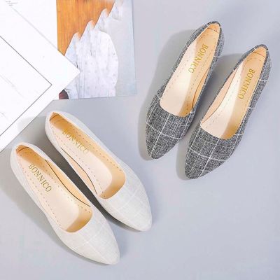 COD DSFGERERERER 35-42 Women Fashion Gingham Pointed Toe Loafers Casual Singles Canvas Shoes