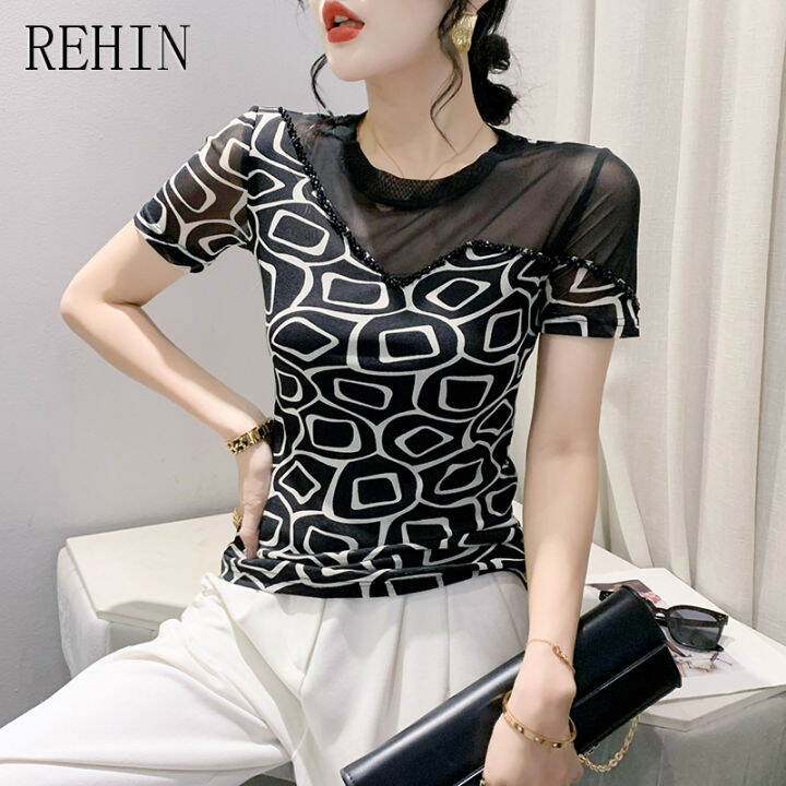 rehin-เสื้อยืดผู้หญิง-เสื้อยืดแขนสั้นพิมพ์ลายตาข่ายลูกปัดติดคอกลมสไตล์เกาหลีแบบใหม่แฟชั่นฤดูร้อน