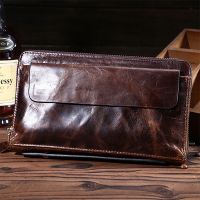 【Layor shop】 Oil Wax Cowhide Purse Wrist Handy Bags Vintage Card Holder Cell Phone Case Money Bag Genuine Leather Men Long Clutch Wallet