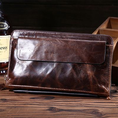（Layor wallet）  Oil Wax Cowhide Purse Wrist Handy Bags Vintage Card Holder Cell Phone Case Money Bag Genuine Leather Men Long Clutch Wallet