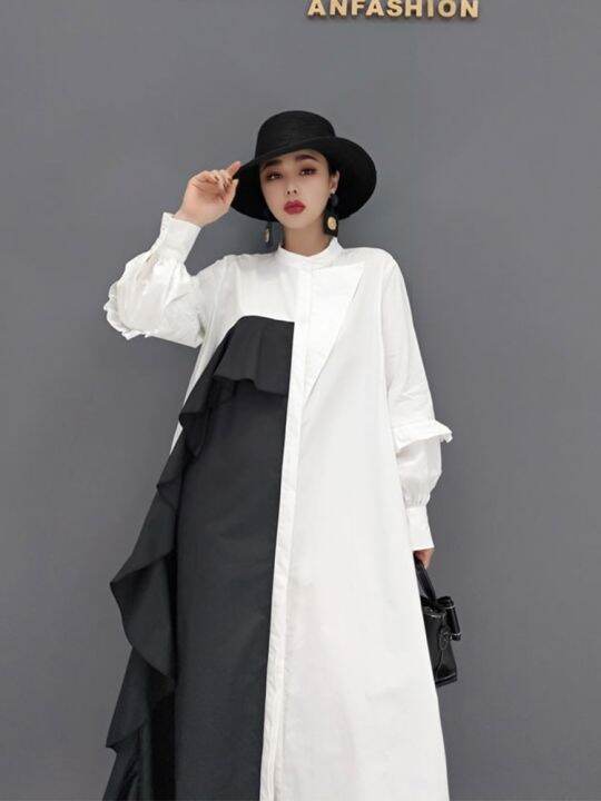 xitao-dress-asymmetrical-contrast-color-ruffles-fashion-women-shirt-dress