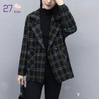 27เด็กผู้หญิงสั้น Pea Coat Retro อินเทรนด์ลายสก๊อตเสื้อคอปก Elegant Slim Fit Single-Breasted Warm Jacket