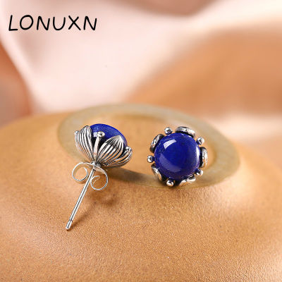 925 Sterling Silver Earrings Lapis Lazuli Pearl Lotus Flowers Stud Earrings for Women Elegant Temperament Silver Ear Jewelry