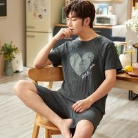 Pajamas Mens Summer Cotton Short Sleeve Shorts Casual Simple Loose Large Round Neck Wear Home Suit