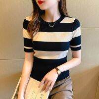 CODTian jia Striped short-sleeved t-shirt slim and thin ice silk sweater in summer