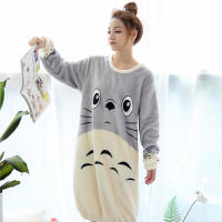 2021 Winter Long Sleeve Thick Warm Flannel Nightgown for Women Cute Cartoon Totoro Coral Velvet Sleepwear Night Dress Nightdress