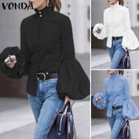 VONDA Women Plain Solid Puff Sleeve O Neck Oversize Shirt