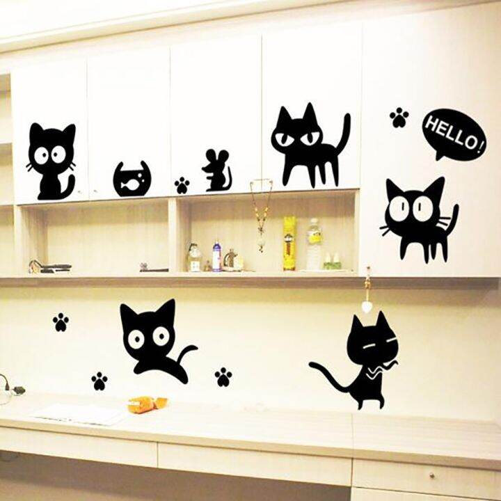 cod-fashion-creative-wall-stickers-new-cartoon-childrens-room-bedroom-black-cat-ay6055-kitten