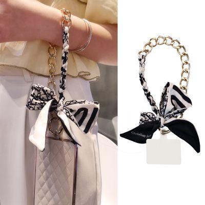 ▣ High-end Bag Phone Case Anti-lost Sling Lanyard Key Mobile Phone Lanyard Silk Scarf Hand Hanging Chain Braided Bow Metal Pendant
