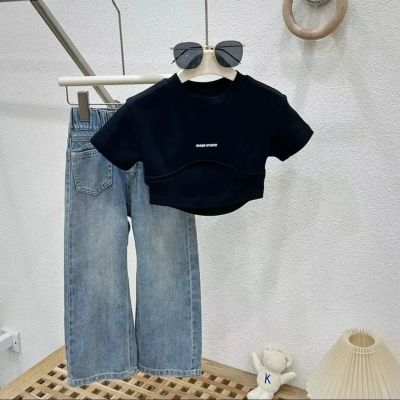 【Ready】🌈 Girls short-sleeved suit 2023 summer new childrens clothing Korean style fashionable all-match short-sleeved casual jeans two-piece set