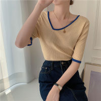 CMAZ Two Versions new loose Knitted T-shirt Women Korean design Half Sleeve Irregular Neck Ins Fashion Tops Female 932#