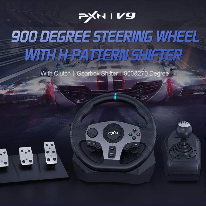 PXN V9 PC Driving Wheel, 900 Degree Vibration Racing Steering Wheel Set with Clutch and Shifter