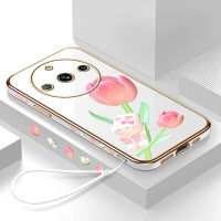 GGK เคสสำหรับ Realme 11 5G 11 Pro 5G 11 Pro + 5G Realme Narzo 60 5G ฟรีสายคล้อง + ดอกทิวลิปสวยงามการ์ตูนกระต่ายน่ารักลายขอบสี่เหลี่ยมชุบเคสโทรศัพท์หรูหราชุบเคสโทรศัพท์นิ่ม