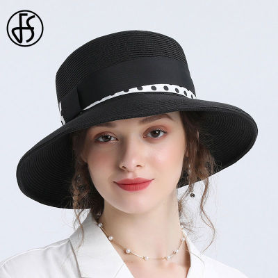 FS Fashion Wide Brim Women Sun Hat For Blue Black Pink Panama Foldable Beach Caps Ribbon Bow Sun Visor Straw Hats
