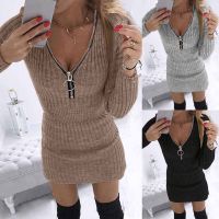 ผู้หญิงสบายๆถักชุดซิป V คอยาวแขนยาว Slim Pullover Mini Dress Streetwear 2023ฤดูหนาว Warm Party เสื้อกันหนาว Dress