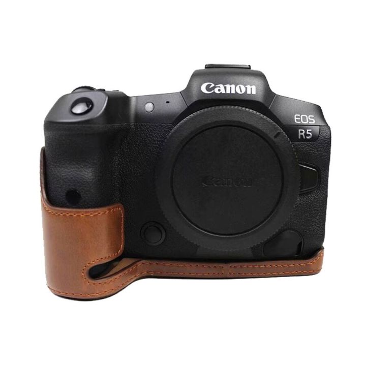 pu-leather-camera-bag-case-for-canon-eos-r5-r6-dslr-protective-half-body-cover-with-battery-opening