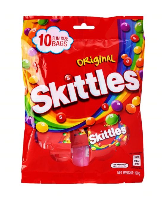 Skittles Original Fruit Flavour Candies Fun Size 1 ห่อ มี 10 ห่อเล็ก น้ำหนัก 150 กรัม สินค้ามีฮาลาล BBF.10/06/24