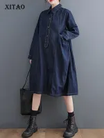 XITAO Dress Long Sleeve Vintage Denim Shirt Dress Autumn