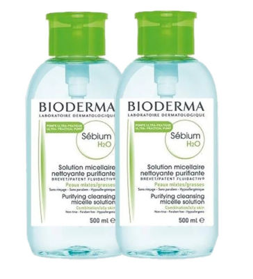 Bioderma Sebium H2O สำหรับผิวมัน ผิวผสม ฝาปั้ม (สีเขียว 2 ขวด x 500ml.)
