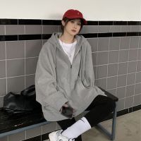 ◈ New early autumn loose Korean version oversize gray hooded sweater womens zipper coat womens foreign trade tops wholesale