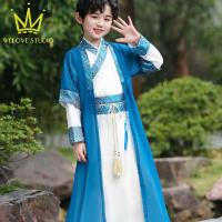 SDSFD ชุดโบราณชุด Hanfu เด็กผู้ชายจากจีน ประสิทธิภาพคอสเพลย์ เครื่องแต่งกายบนเวที ชุดเด็กชายโบราณ สไตล์จีนจีน สีแดงสีน้ำเงินสี ชุดจีนโบราณเด็กผู้ชาย ปาร์ตี้งานปาร์ตี้